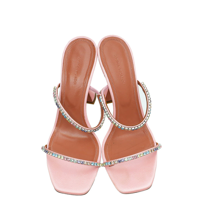 Amina Muaddi Light Rose Satin Gilda Crystal Embellished Mules 38.5