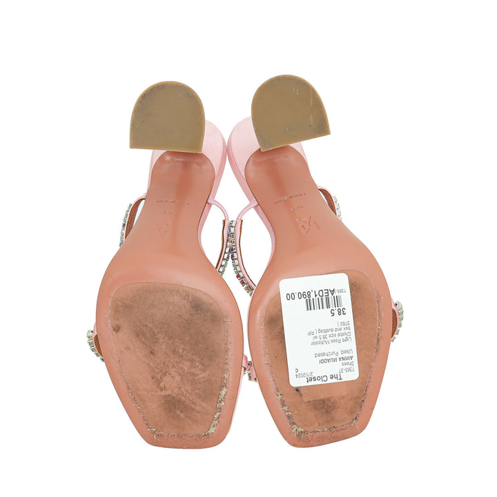 Amina Muaddi Light Rose Satin Gilda Crystal Embellished Mules 38.5