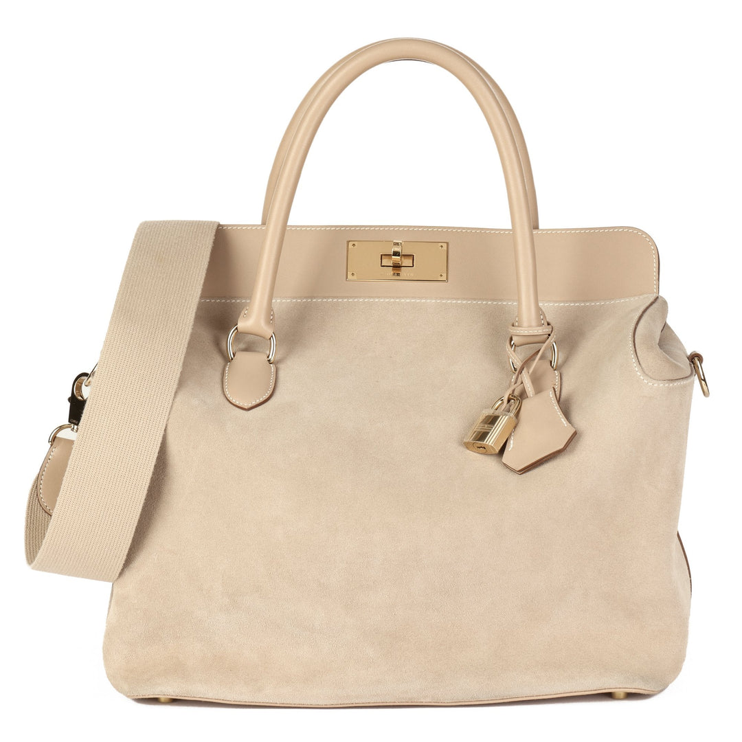 Hermes Argile Swift Leather & Veau Grizzly Suede Toolbox 33 Shoulder Bag