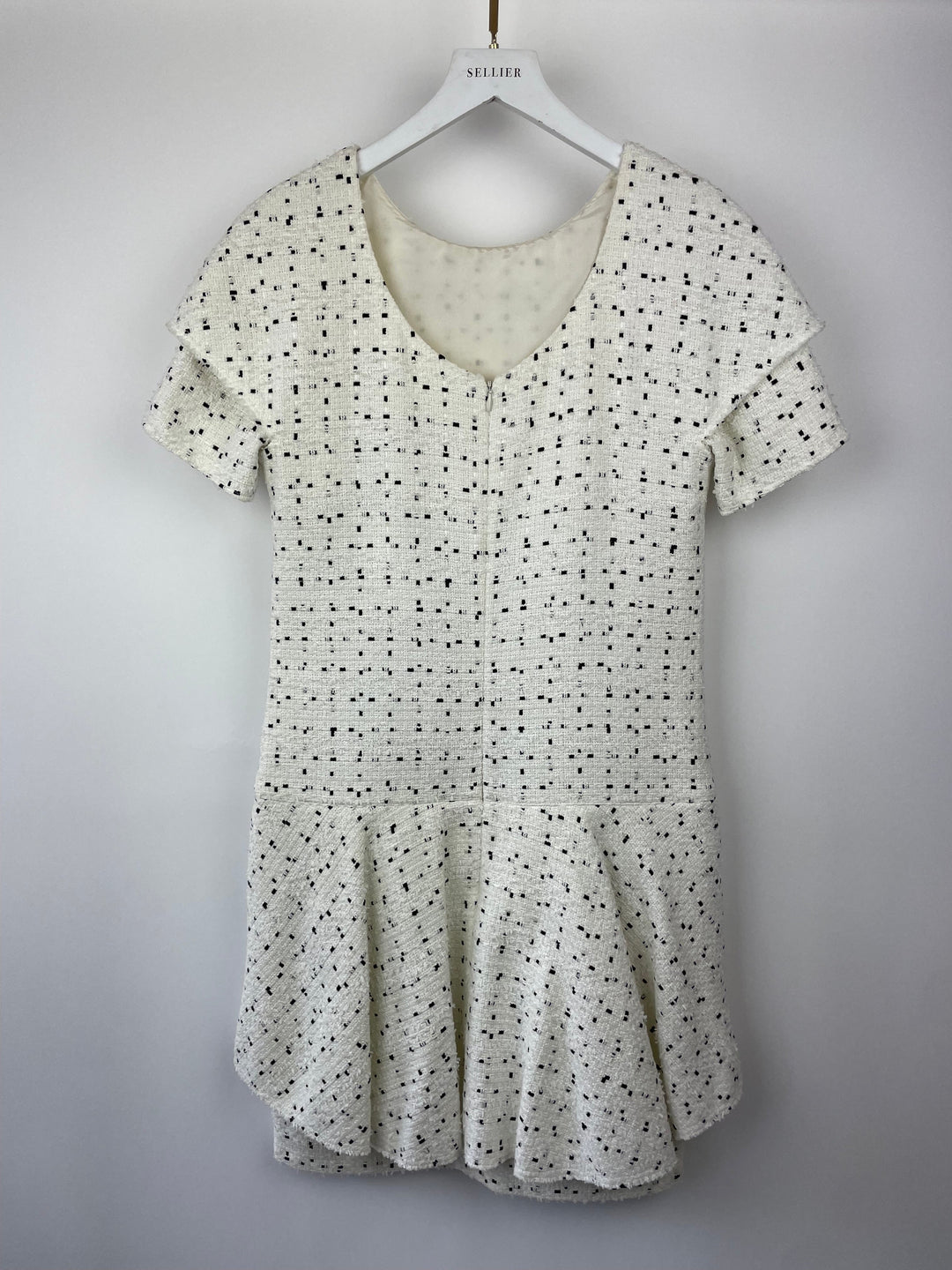 Top Quality Chanel White & Black Tweed Mini Dress With Frill Detail Skirt Size FR 38 (UK 10)