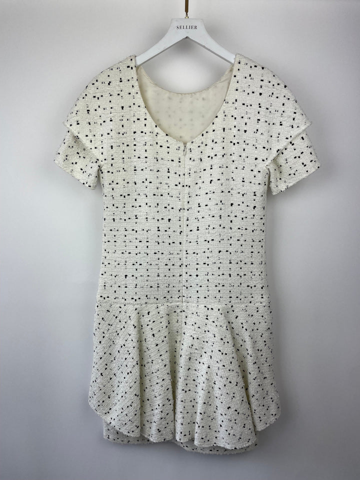 Top Quality Chanel White & Black Tweed Mini Dress With Frill Detail Skirt Size FR 38 (UK 10)