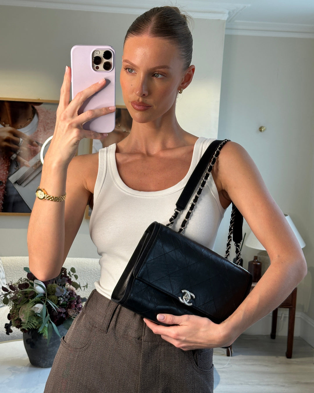 Top Quality Chanel Black Matelasse Crumpled Calfskin Leather Flap Bag With Silver Hardware and Grosgrain Fabric Detailing