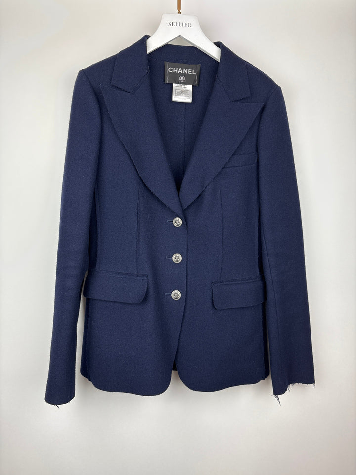 Top Quality Chanel Navy Wool Blazer Jacket with Silver CC Button Detail FR 36 (UK 8)