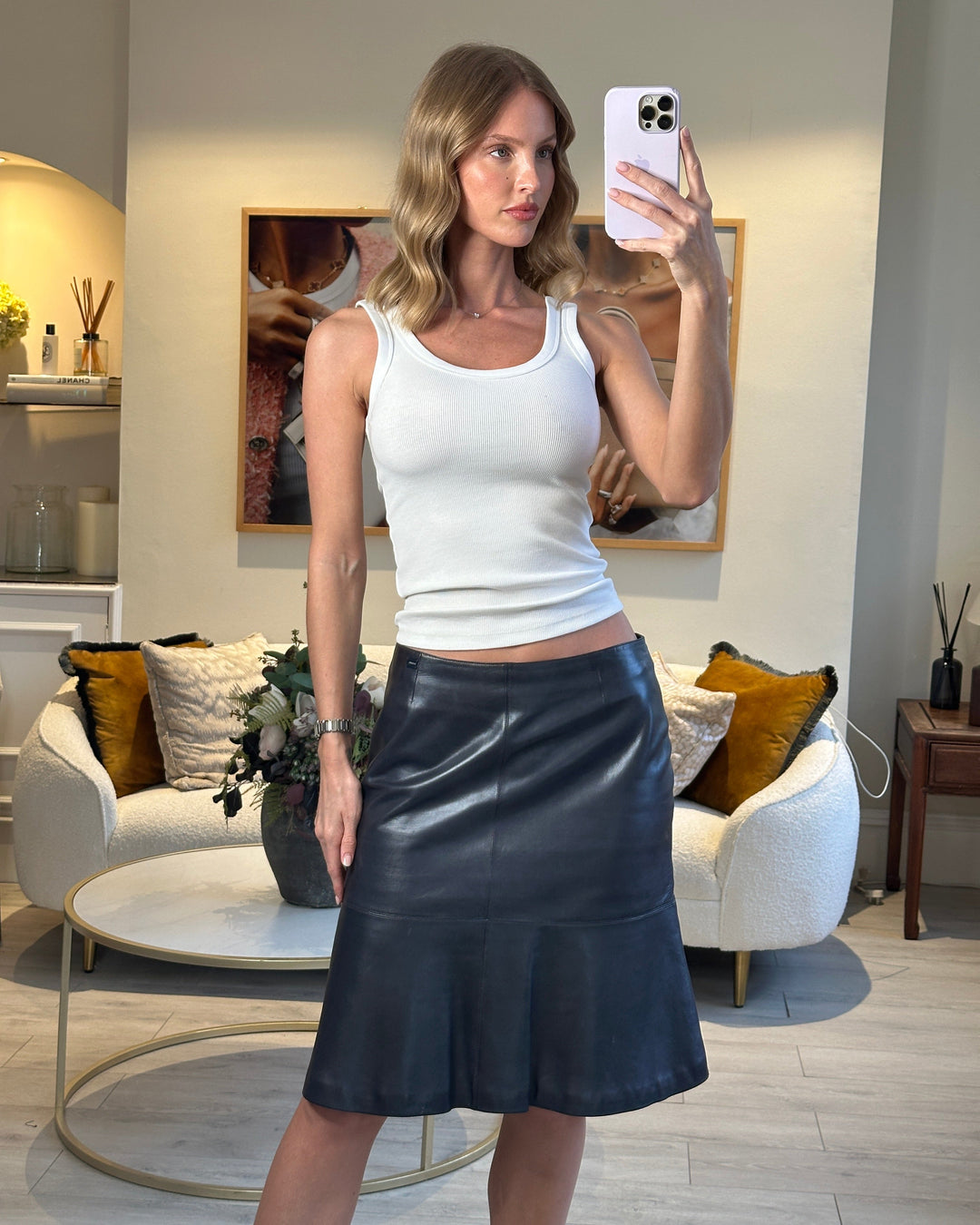Top Quality Chanel Navy Lambskin Leather Skirt with Small Top Quality Chanel Plaque Detail Size FR 40 (UK 12)