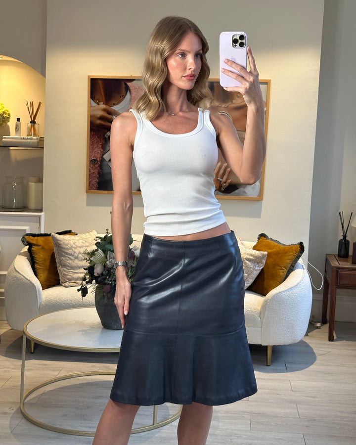 Top Quality Chanel Navy Lambskin Leather Skirt with Small Top Quality Chanel Plaque Detail Size FR 40 (UK 12)