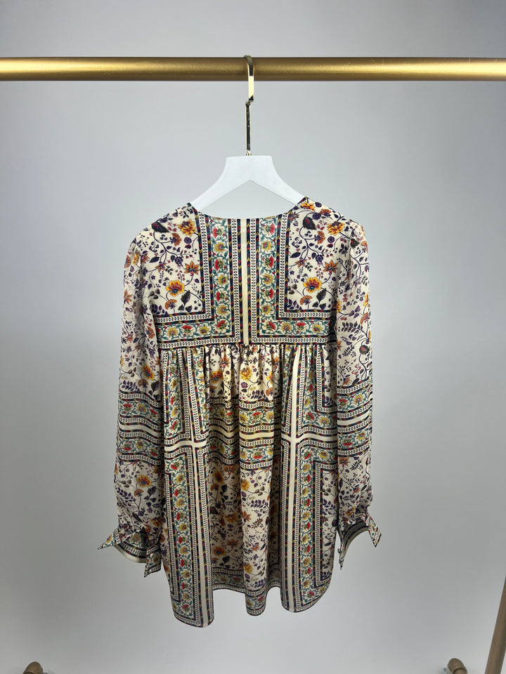 Saint Laurent Cream Silk Tunic Dress with Multi-Colour Floral Pattern Detail Size FR 36 (UK 8)
