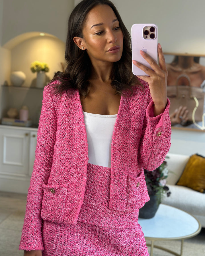 *HOT* Top Quality Chanel 21C Pink Tweed Jacket and Skirt Set with CC Logo Buttons Size FR 42 (UK 14)