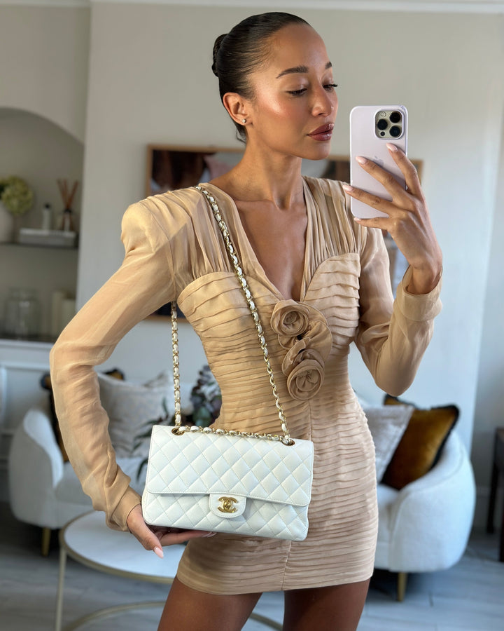 *RARE* Top Quality Chanel White Medium Classic Double Flap in Caviar Leather with Gold Hardware