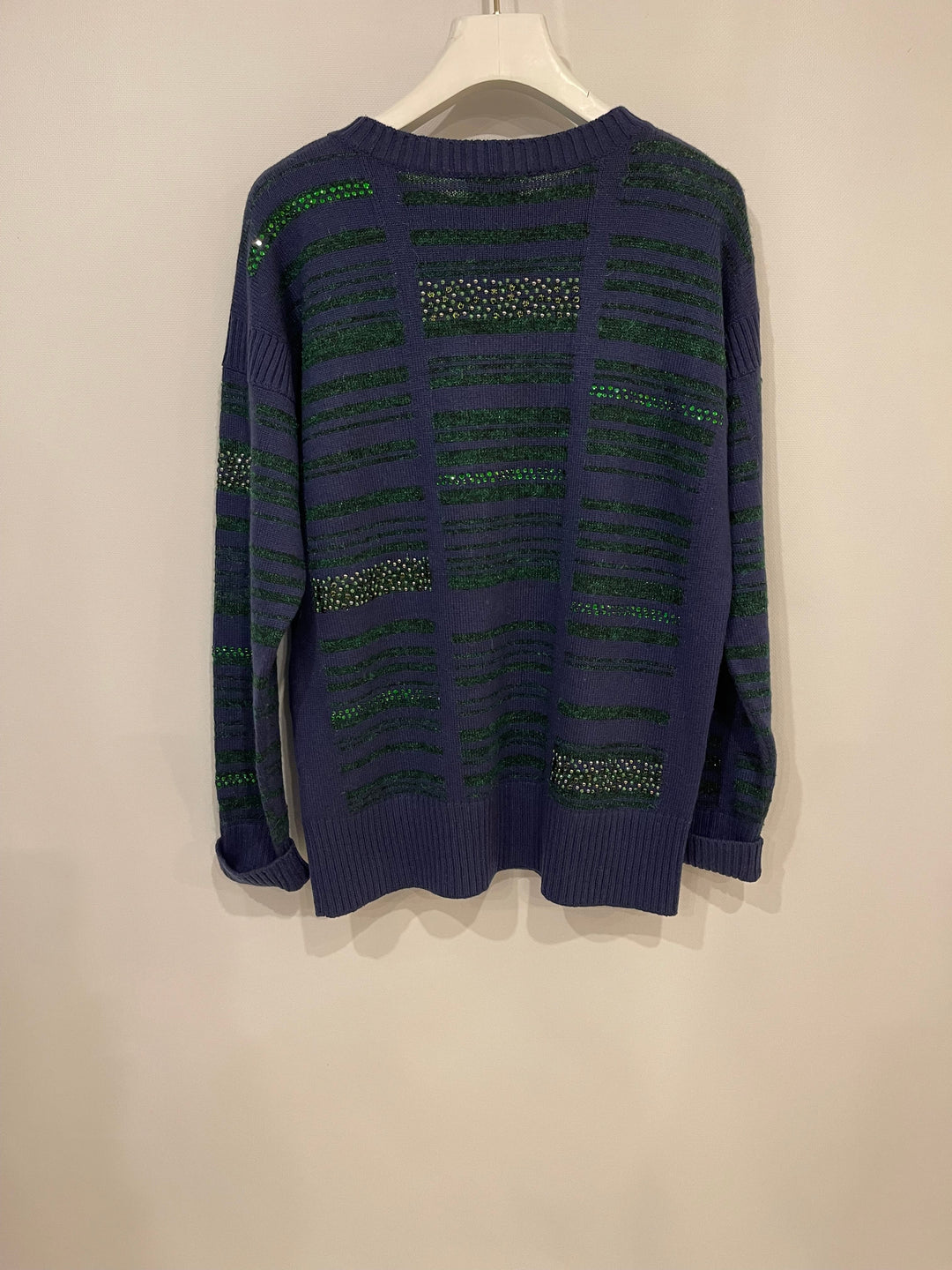Top Quality Chanel Navy Cashmere Long-Sleeve Jumper with Green Sequin Embellishments Size FR 36 (UK 8)