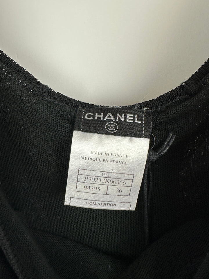 Top Quality Chanel 07C Black Short Sleeve Midi Dress With Crochet and Ruching Detail FR 36 (UK 8)