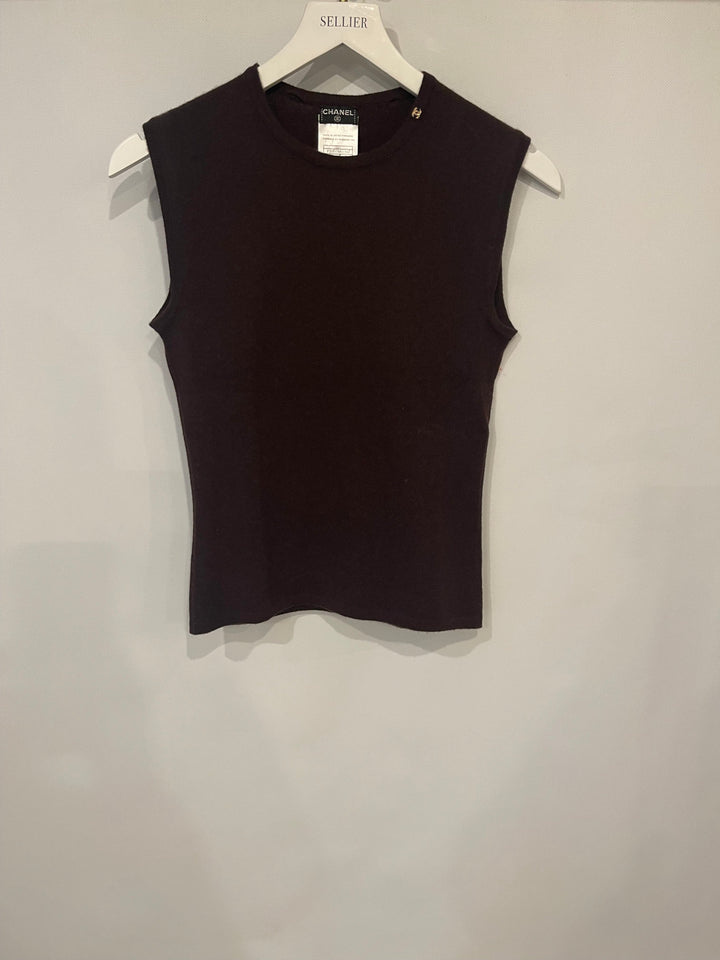 Top Quality Chanel 02/A Chocolate Brown Cashmere Sleeveless Top with CC Logo Detail FR 38 (UK 10)