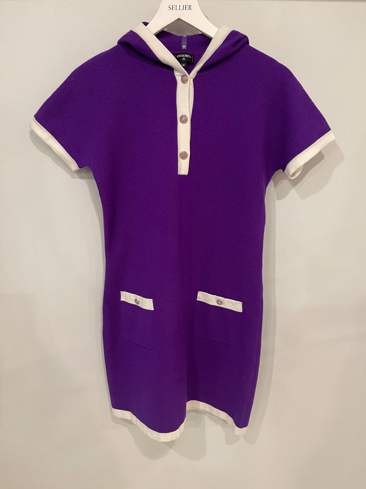 Top Quality Chanel Cruise 2024 Purple Cashmere Short Sleeve Hooded Mini Dress with Crystal Multicolour CC Buttons Detail Size FR 36 (UK 8)