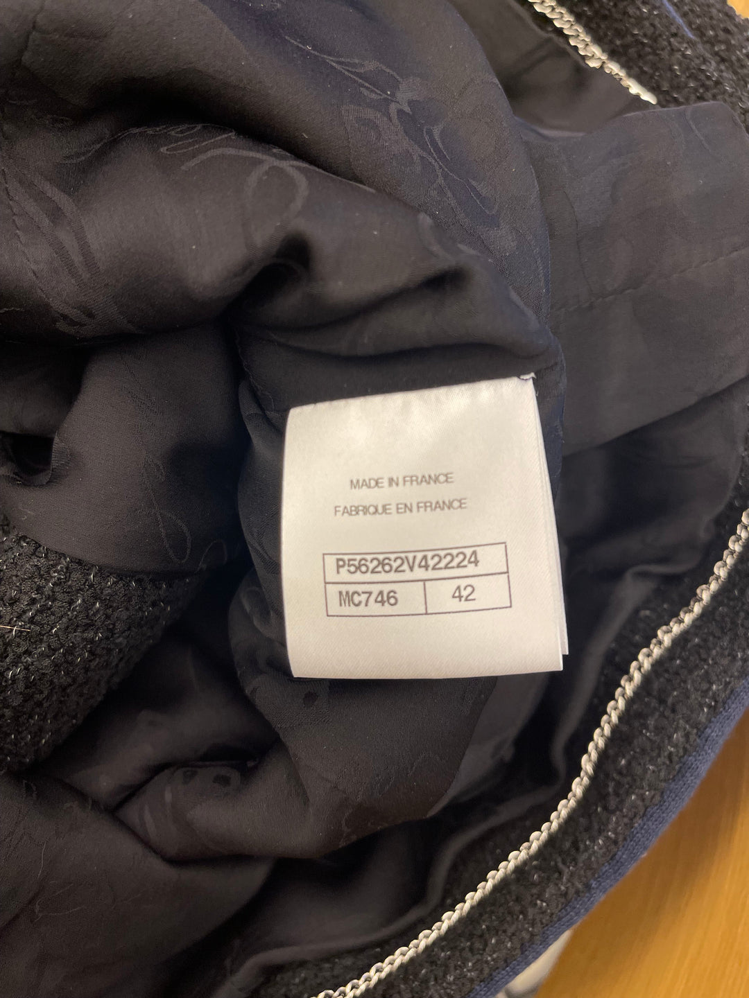 Top Quality Chanel Black Tweed Jacket with Velcro and Navy Details Size FR 42 (UK 14)