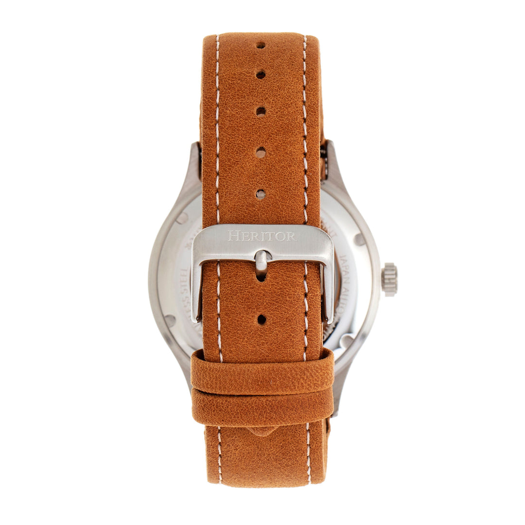 Heritor Automatic Antoine Semi-Skeleton Leather-Band Watch - Silver/Umber
