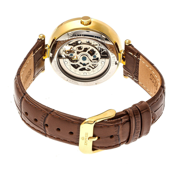Empress Stella Automatic Semi-Skeleton MOP Leather-Band Watch - Brown/White