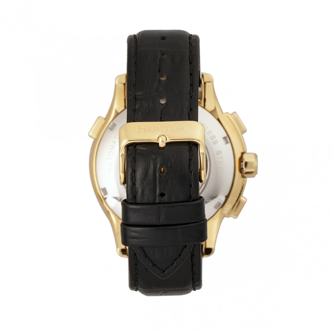 Heritor Automatic Hudson Semi-Skeleton Leather-Band Watch w/Day/Date - Black/Gold
