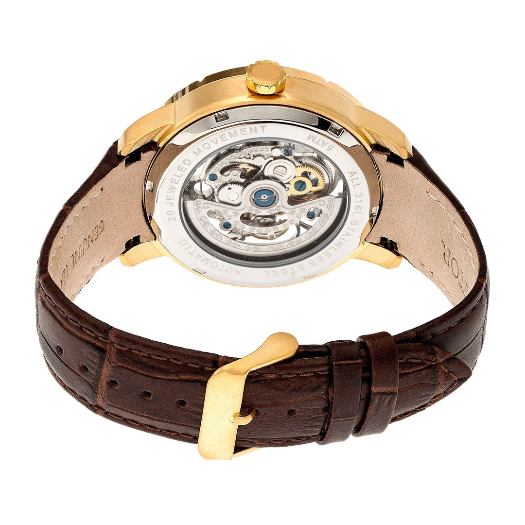 Heritor Automatic Ryder Skeleton Leather-Band Watch - Brown/Gold