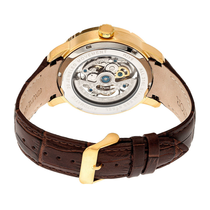 Heritor Automatic Ryder Skeleton Leather-Band Watch - Brown/Gold