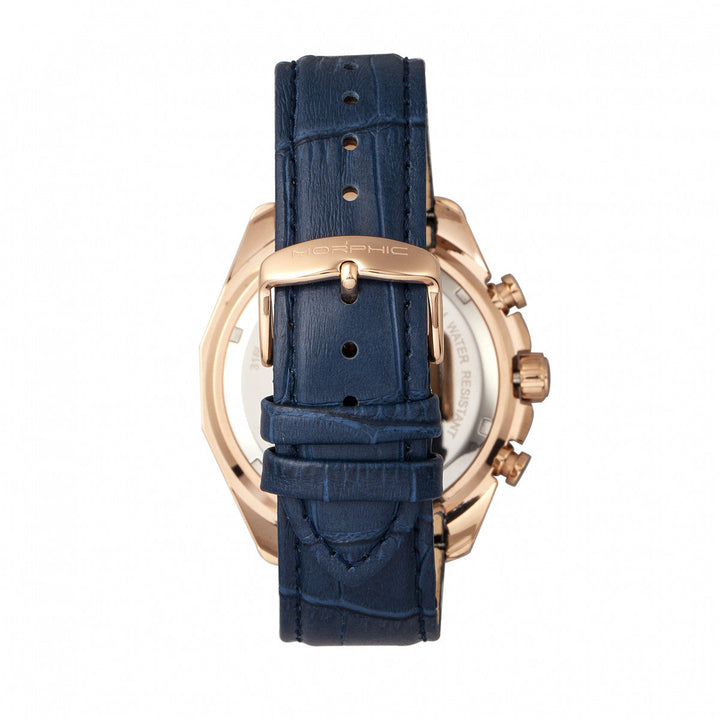 Morphic M66 Series Skeleton Dial Leather-Band Watch w/ Day/Date - Rose Gold/Blue