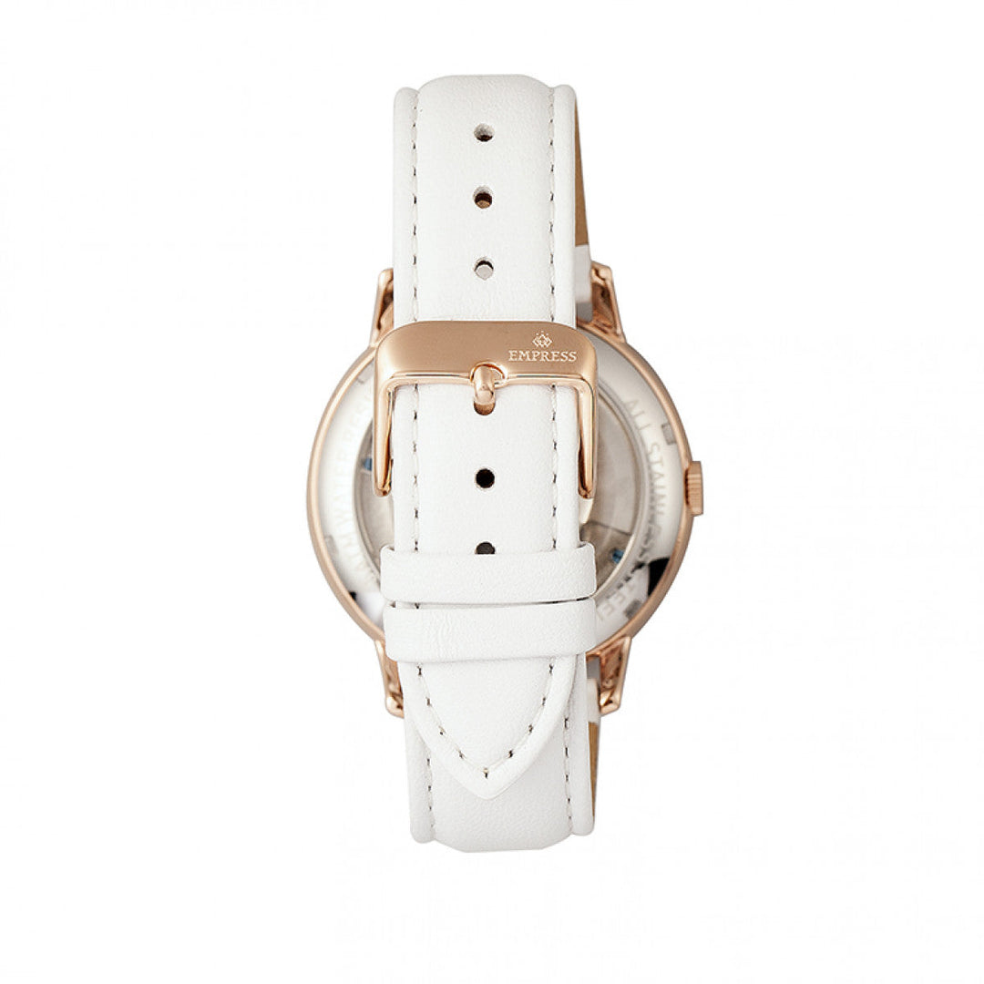 Empress Quinn Automatic MOP Semi-Skeleton Dial Leather-Band Watch - White