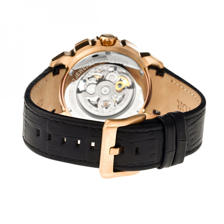 Heritor Automatic Conrad Skeleton Leather-Band Watch - Rose Gold/Black