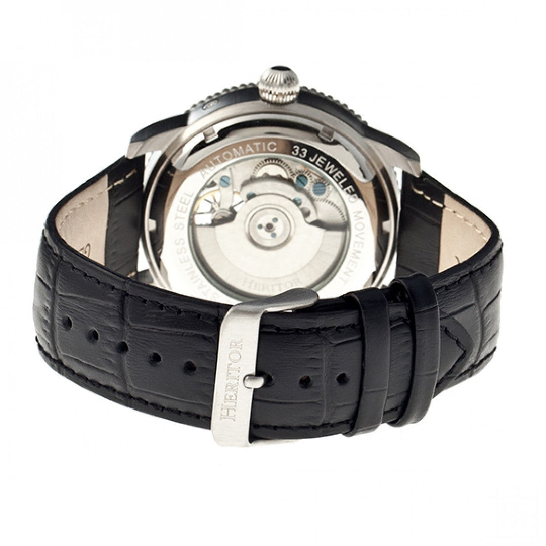 Heritor Automatic Piccard Semi-Skeleton Leather-Band Watch - Silver/Black