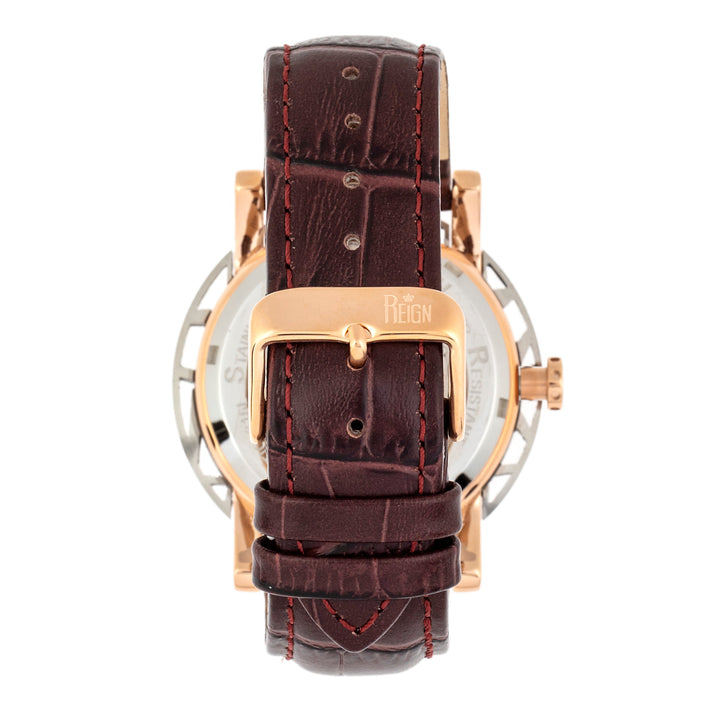 Reign Stavros Automatic Skeleton Leather-Band Watch - Rose Gold/White