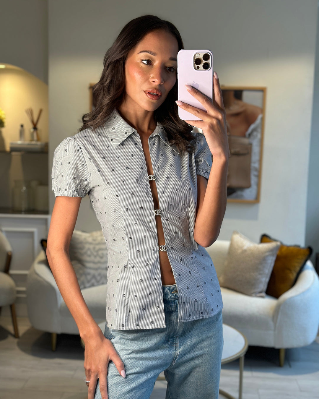 *HOT* Top Quality Chanel Spring/Summer 2024 Grey & White 2 Piece Striped Shirts Set with Camelia Print Details and Crystal CC Hooks. Cropped Shirt Size FR 36 (UK 8) Long Shirt Size FR 38 (UK 10)