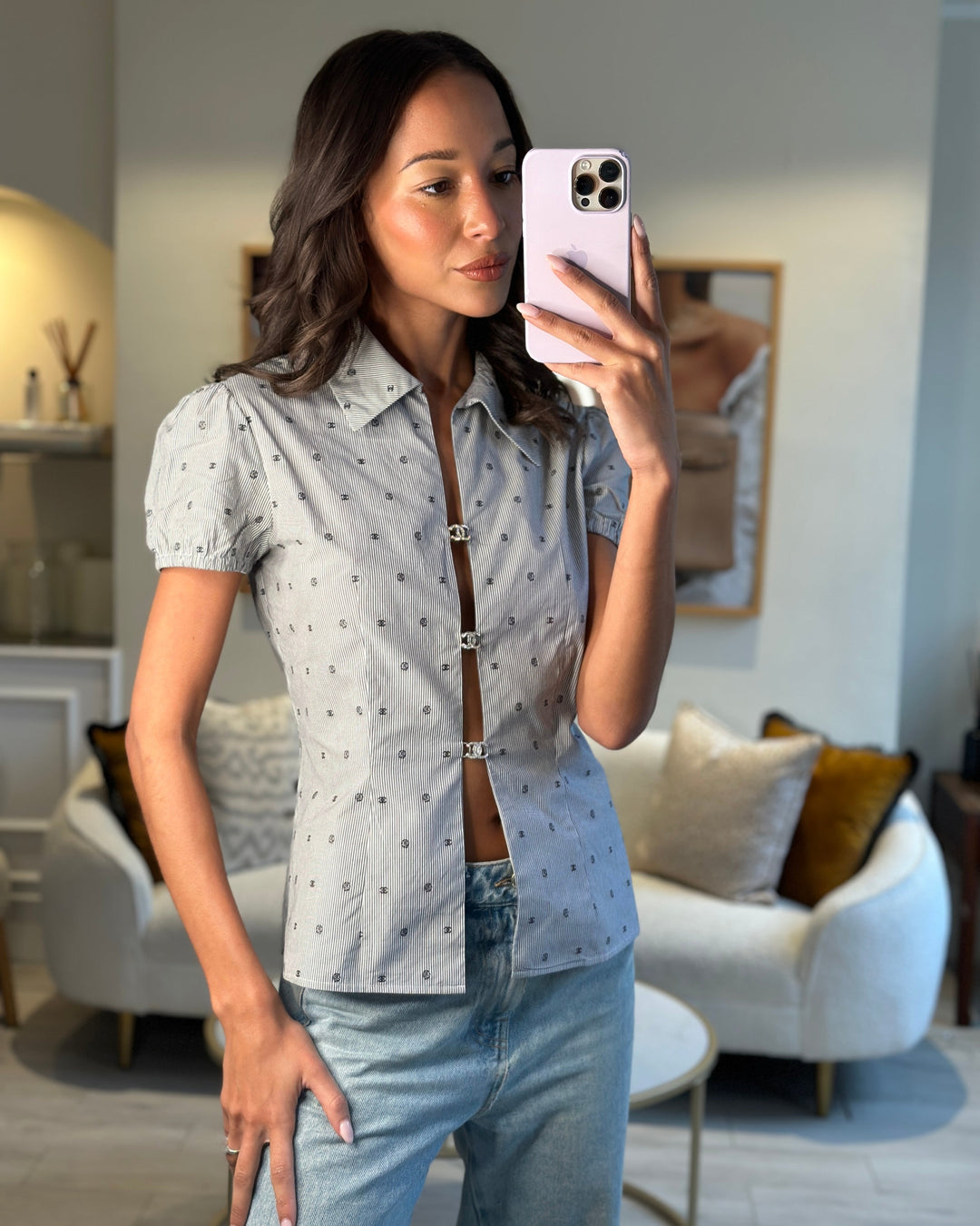 *HOT* Top Quality Chanel Spring/Summer 2024 Grey & White 2 Piece Striped Shirts Set with Camelia Print Details and Crystal CC Hooks. Cropped Shirt Size FR 36 (UK 8) Long Shirt Size FR 38 (UK 10)