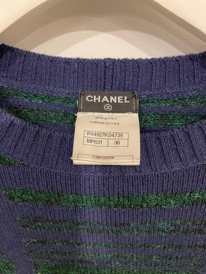 Top Quality Chanel Navy Cashmere Long-Sleeve Jumper with Green Sequin Embellishments Size FR 36 (UK 8)
