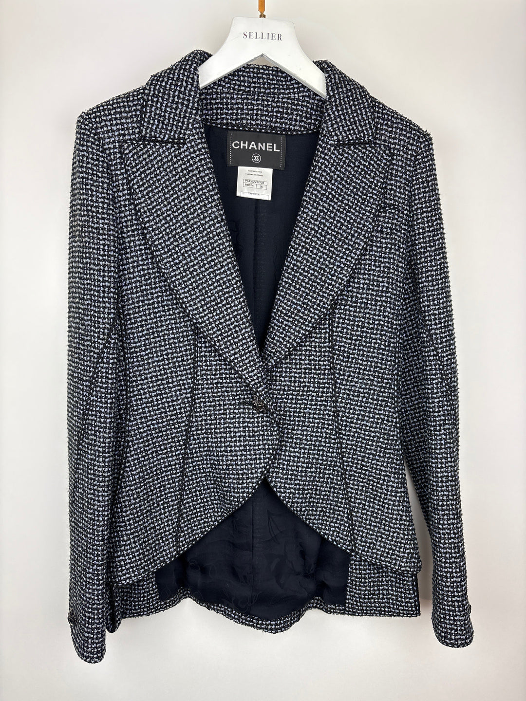 Top Quality Chanel Black & Grey Metallic Tweed Curved Hem Jacket with Ruthenium CC Button Detail FR 36 (UK 8)