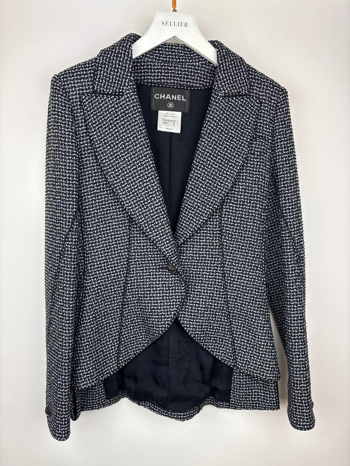 Top Quality Chanel Black & Grey Metallic Tweed Curved Hem Jacket with Ruthenium CC Button Detail FR 36 (UK 8)