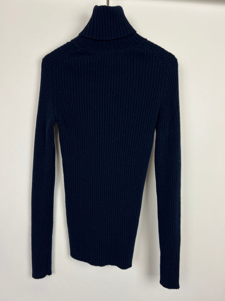 Top Quality Chanel Navy Ribbed Cashmere Roll Neck Long Sleeve Jumper with CC Logo Detail FR 36 (UK 8)