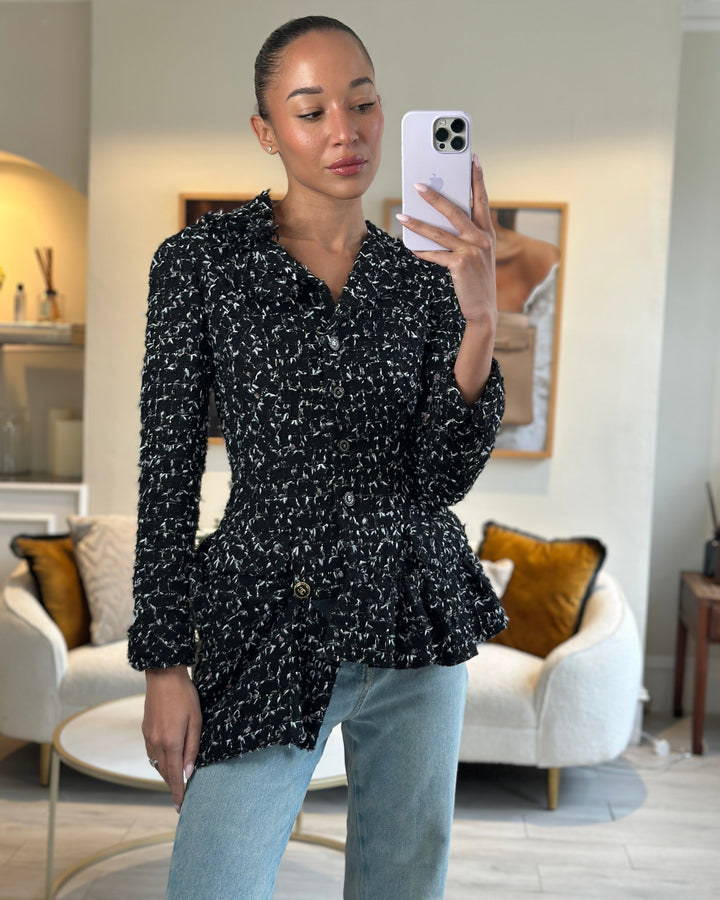 Top Quality Chanel Black Wool Multicolour Threads Ruffle Asymmetric Jacket with CC Logo Button Details Size FR 36 (UK 8)