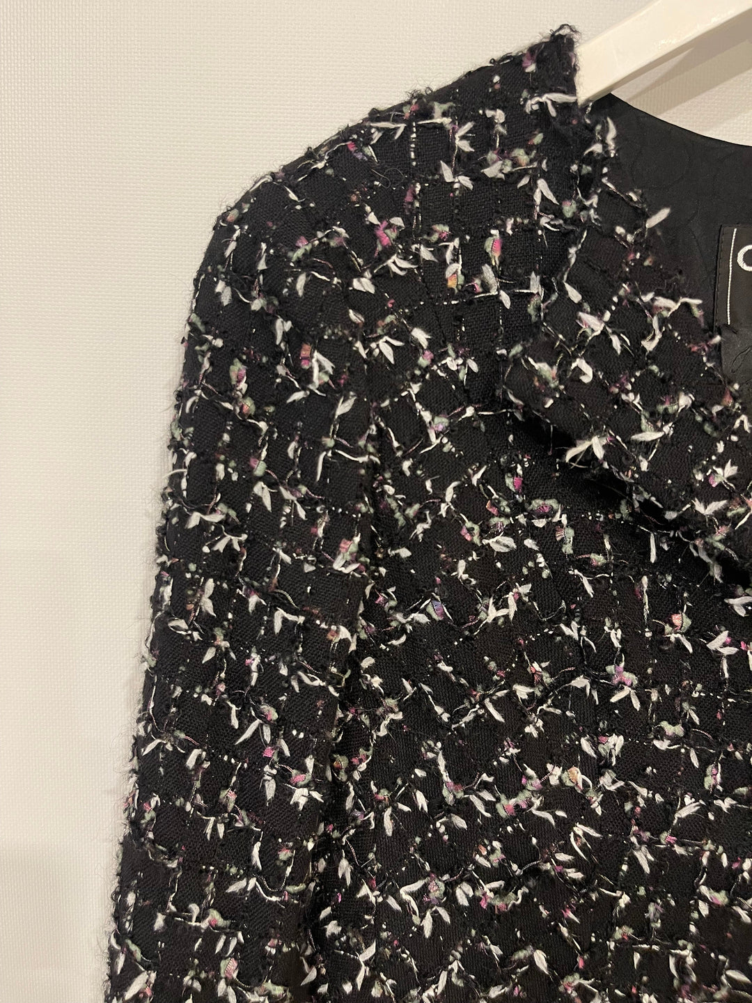 Top Quality Chanel Black Wool Multicolour Threads Ruffle Asymmetric Jacket with CC Logo Button Details Size FR 36 (UK 8)