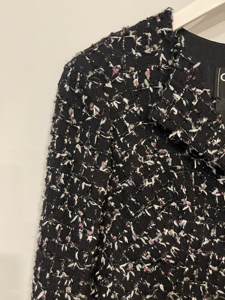 Top Quality Chanel Black Wool Multicolour Threads Ruffle Asymmetric Jacket with CC Logo Button Details Size FR 36 (UK 8)