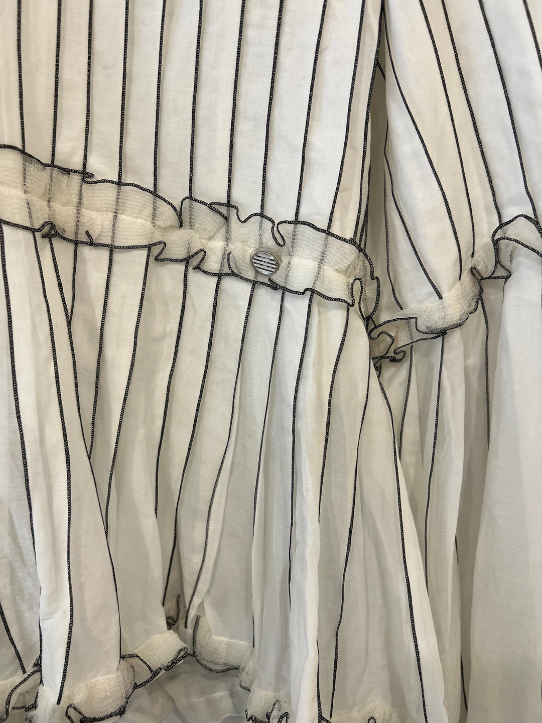 Top Quality Chanel Spring 2017 White Silk Striped Ruffle Long-Sleeve Top  Velcro Back Detail Size FR 36 (UK 8)