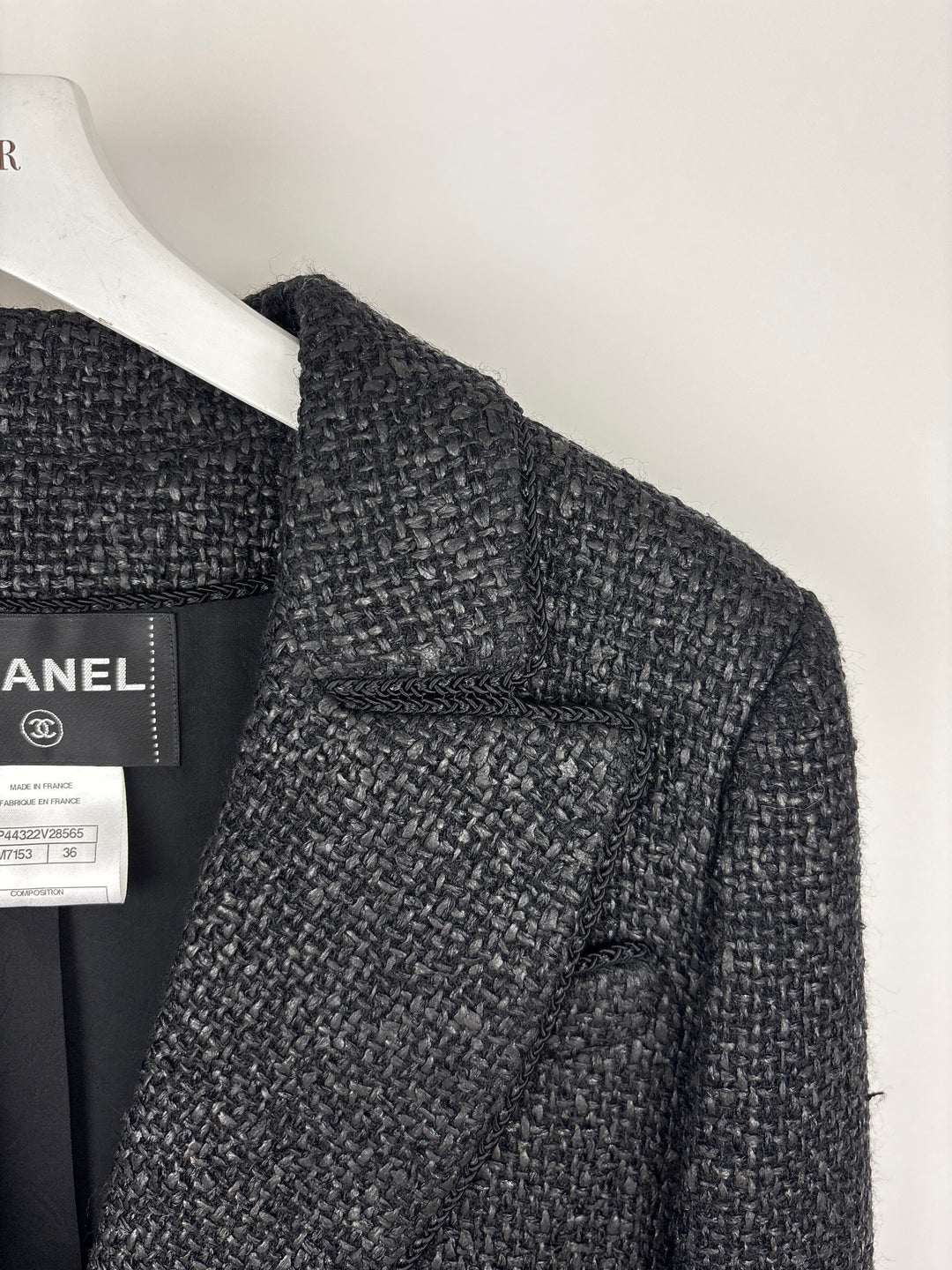Top Quality Chanel Black Coated Tweed Curved Hem Jacket with Silver CC Button Detail FR 36 (UK 8)