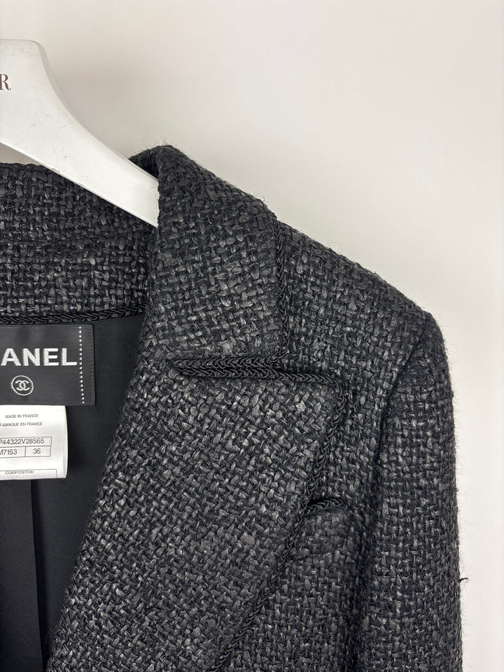 Top Quality Chanel Black Coated Tweed Curved Hem Jacket with Silver CC Button Detail FR 36 (UK 8)