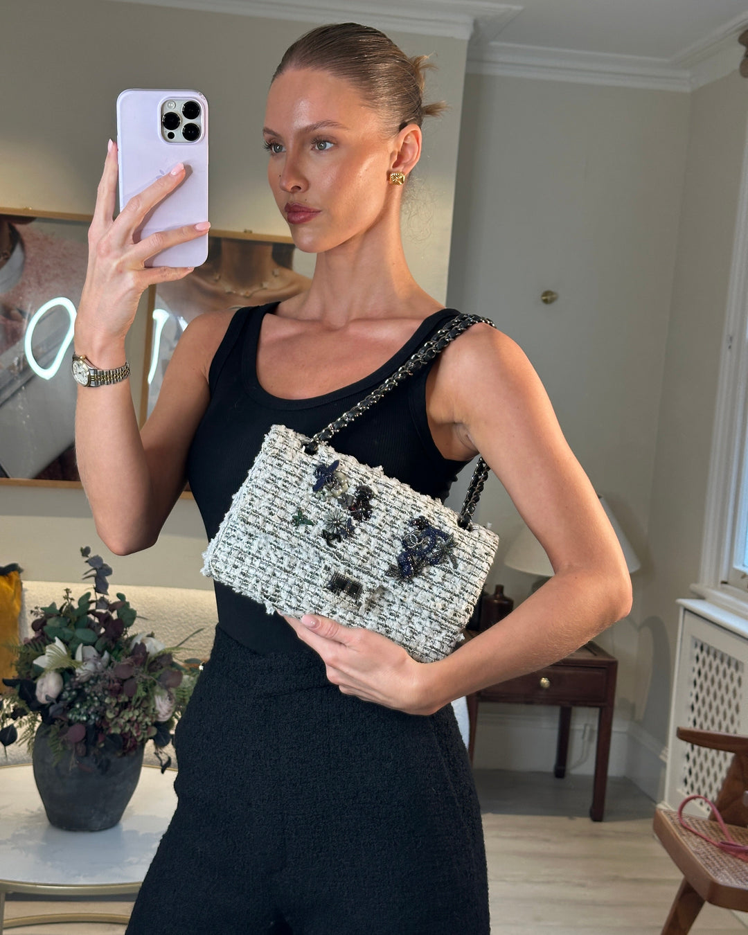 Top Quality Chanel White and Black Tweed Medium Reissue Double Flap Bag with Embellished Detail and Gun-Metal Hardware RRP ¬£8,180