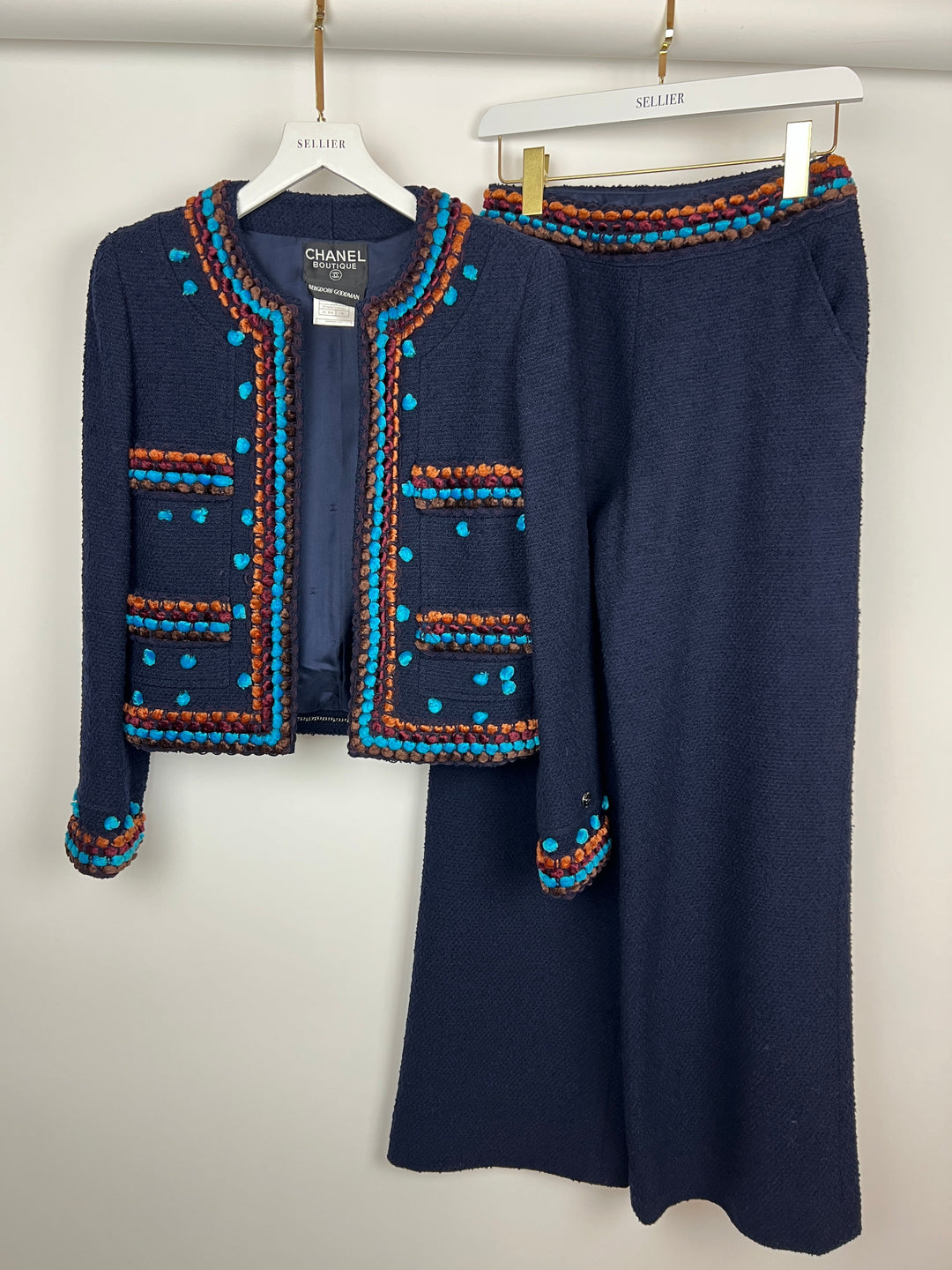 Top Quality Chanel for Bergdorf Newman AW/97 Navy Boucle Cropped Jacket with Matching Trousers Size FR 36 (UK 8)