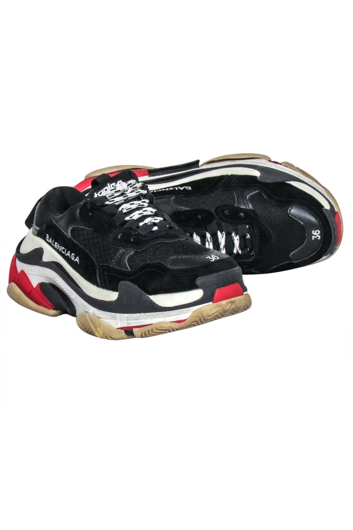 Top Quality Balenciaga - Black, Cream & Red Chunky "Triple S" Sneakers Sz 6