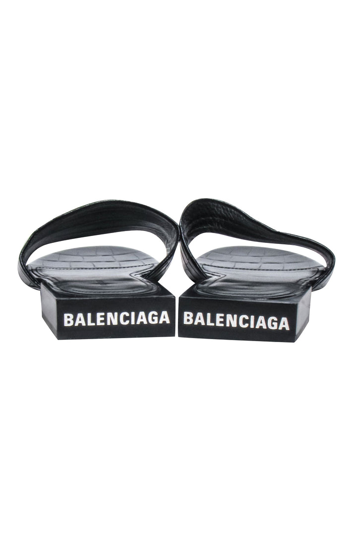 Top Quality Balenciaga - Black Croc Embossed Slide Sandals Sz 7.5