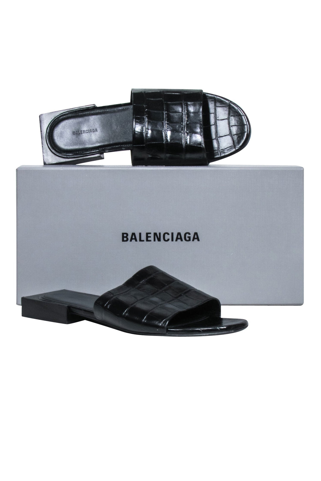 Top Quality Balenciaga - Black Croc Embossed Slide Sandals Sz 7.5