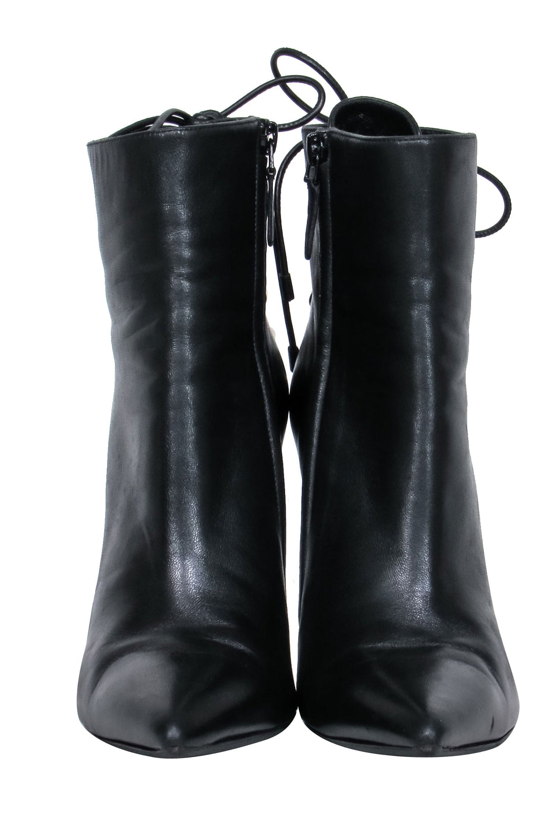 Top Quality Balenciaga – Black Leather Pointy Toe Booties w/ Lace Up Back Sz 7.5