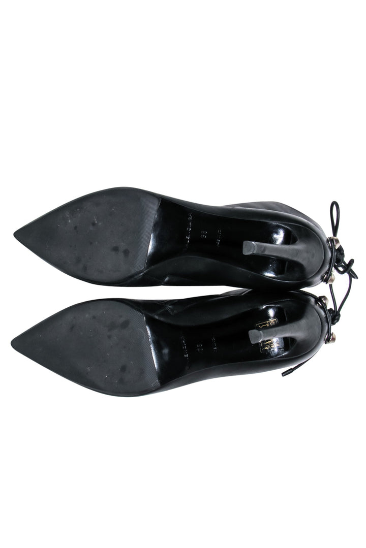 Top Quality Balenciaga – Black Leather Pointy Toe Booties w/ Lace Up Back Sz 7.5