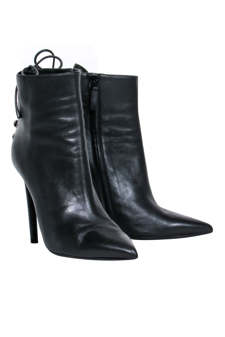 Top Quality Balenciaga – Black Leather Pointy Toe Booties w/ Lace Up Back Sz 7.5