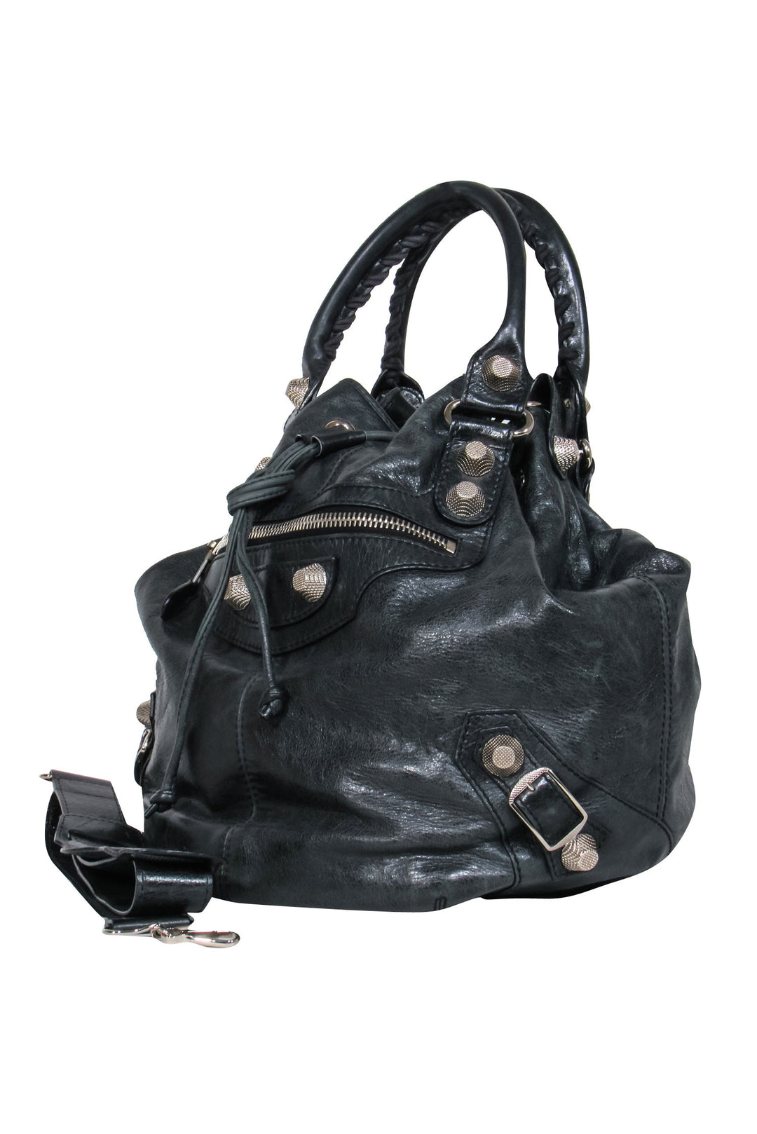 Top Quality Balenciaga - Black Leather Studded Motorcross Pompon Bucket Bag