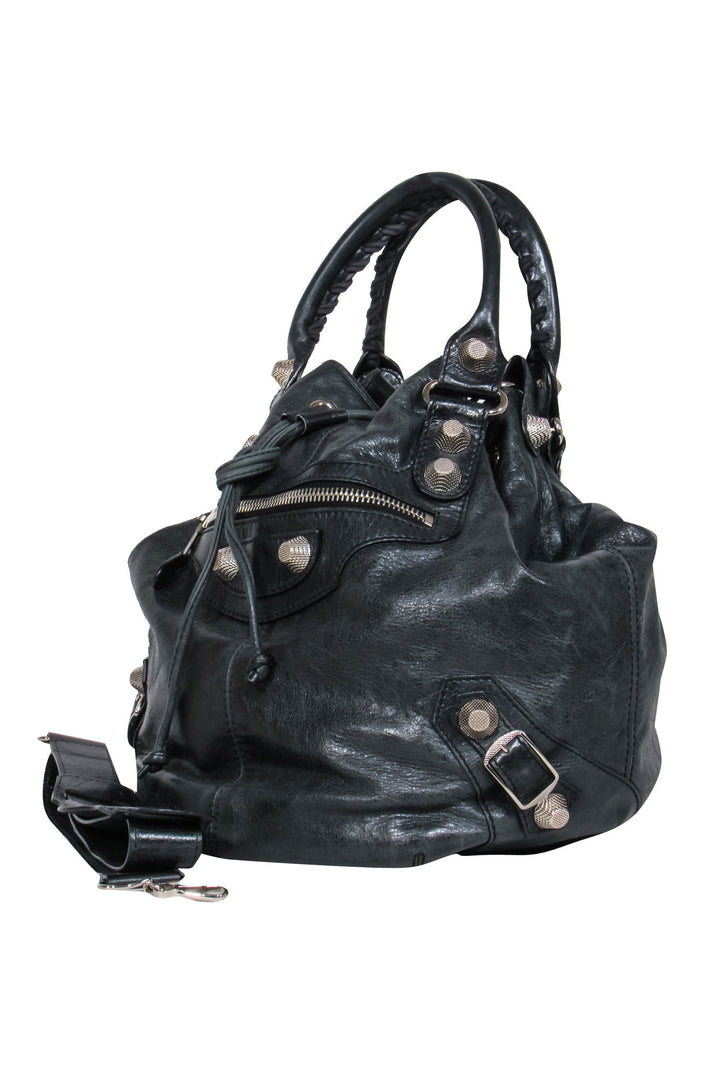 Top Quality Balenciaga - Black Leather Studded Motorcross Pompon Bucket Bag
