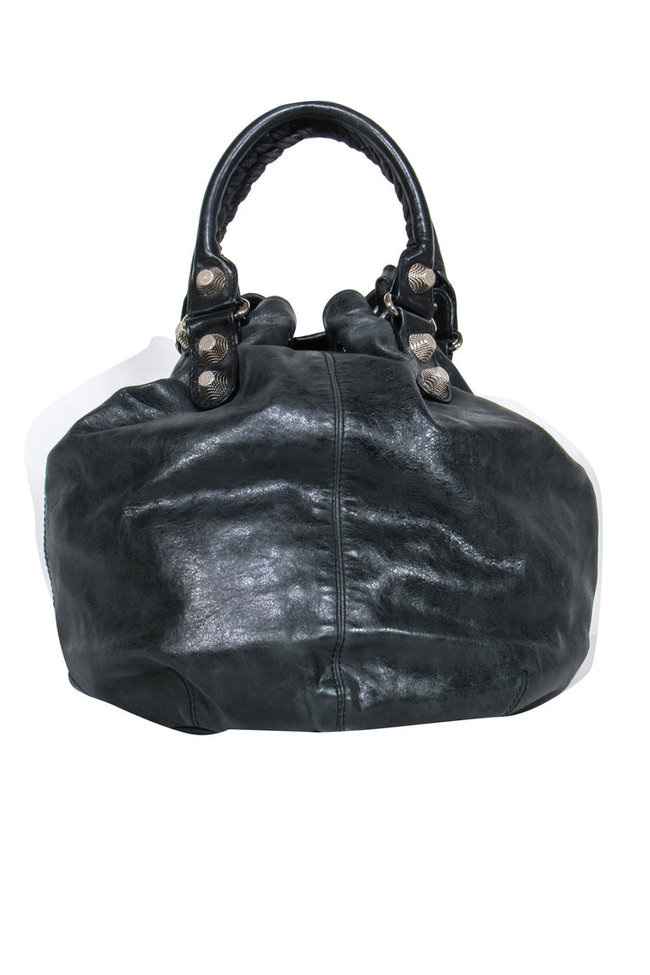 Top Quality Balenciaga - Black Leather Studded Motorcross Pompon Bucket Bag
